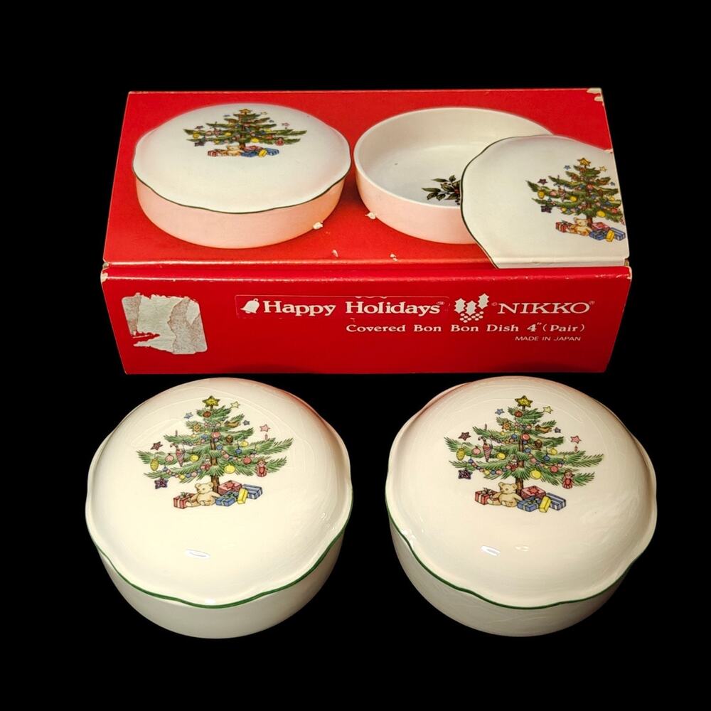 Nikko Happy Holidays Christmas Bon Bon Trinket Lidded Dishes Set of 2 Japan NEW